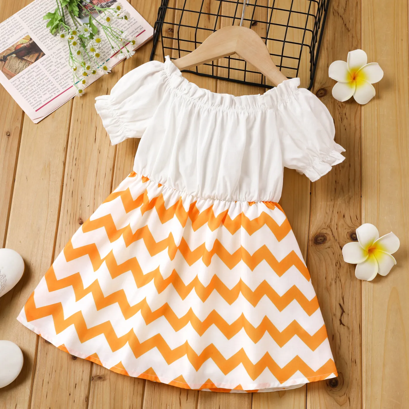 Toddler Girl Geo Panel Ruched Off-Shoulder Dress yellowwhite big image 1