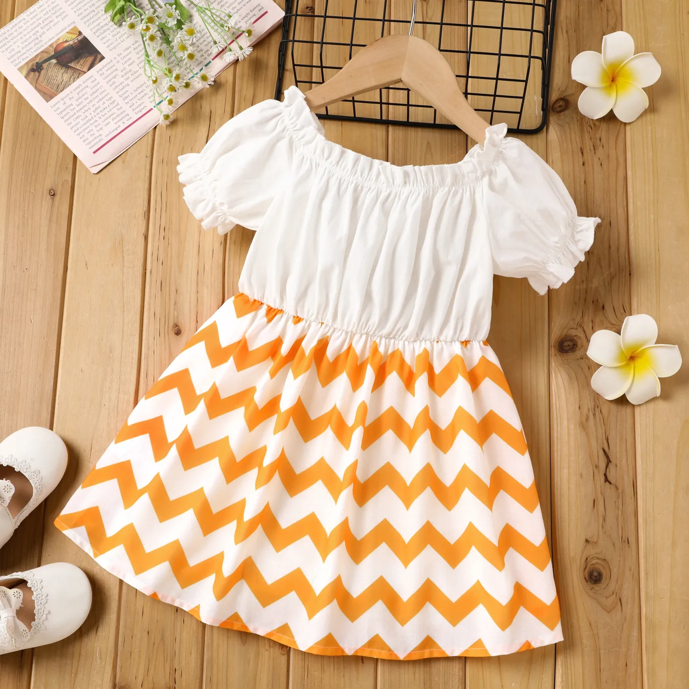 Toddler Girl Geo Panel Ruched Off-Shoulder Dress yellowwhite image 3