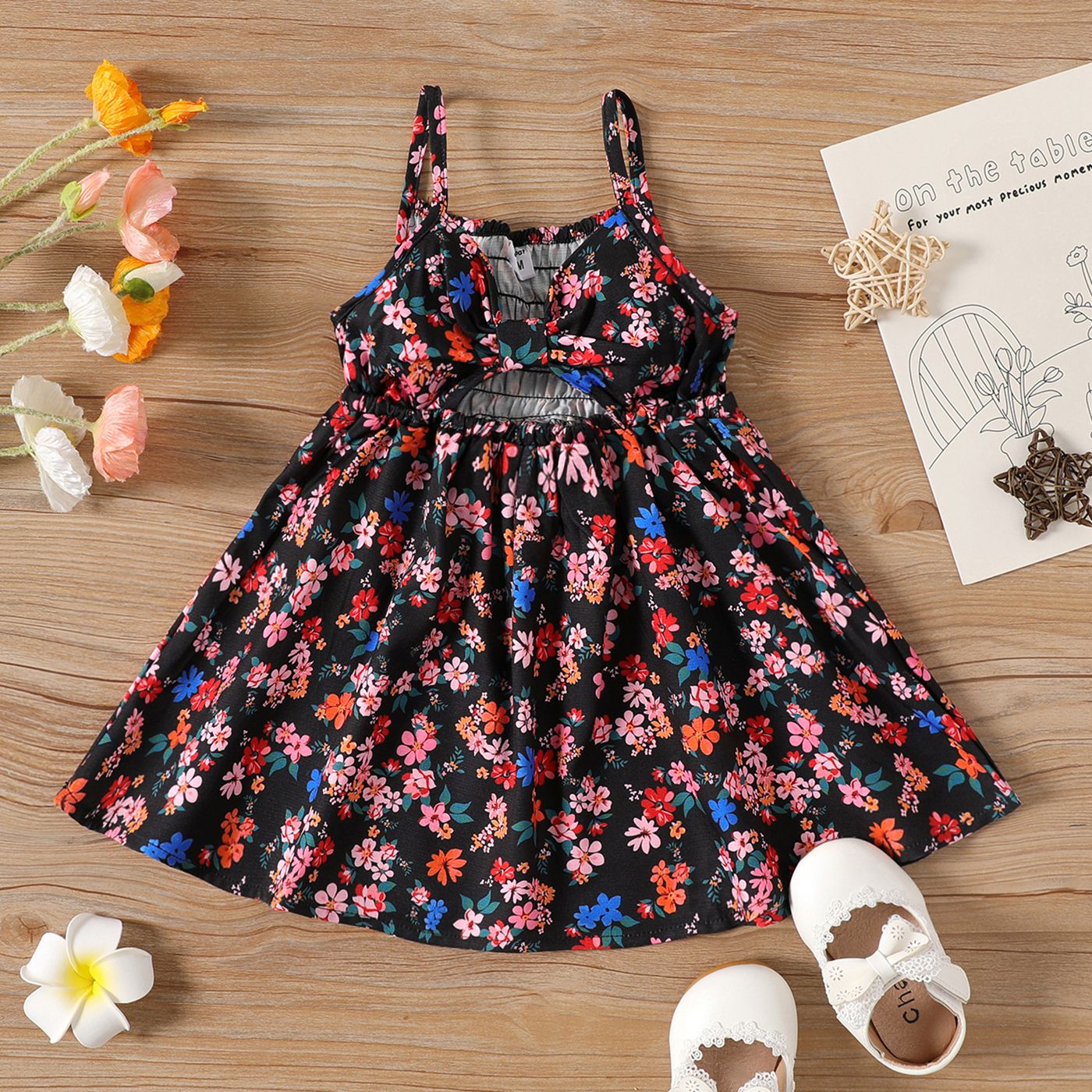 Baby Girl Allover Floral Print Bow Front Cut Out Cami Dress