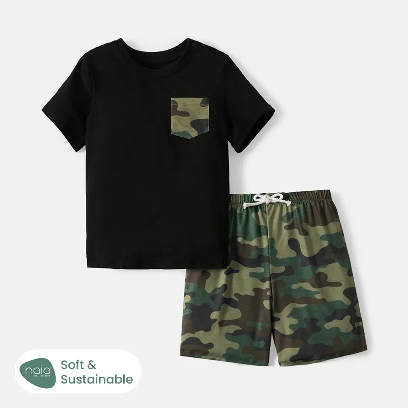 2 pièces tout-petit/enfant garçon poche design t-shirt à manches courtes et short imprimé camouflage ensemble Noir big image 1