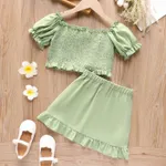2pcs Kid Girl Ruffle Trim Puff Sleeve Smocked Top and Tulip Hem Skirt Set  image 5