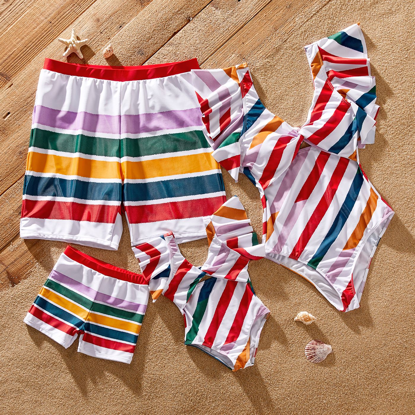 

Family Matching Colorful Striped Ruffle-sleeve Cut Out One-piece Swimsuit or Swim Trunks Shorts