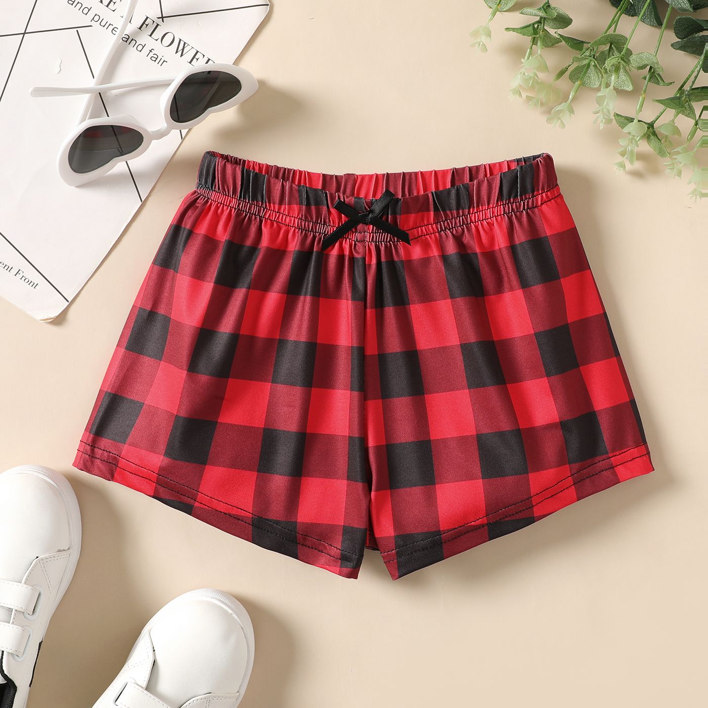 

Kid Girl Bow Detail Plaid Shorts