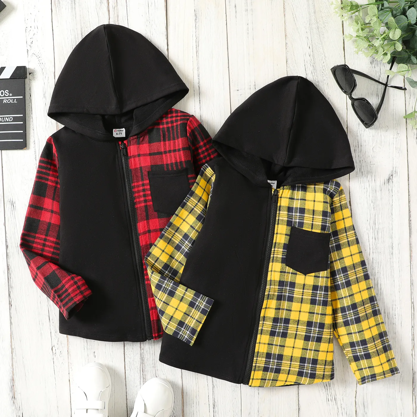 Kid Boy Plaid Panel Patch Pocket Long-sleeve Zip Up Hoodie  image 2