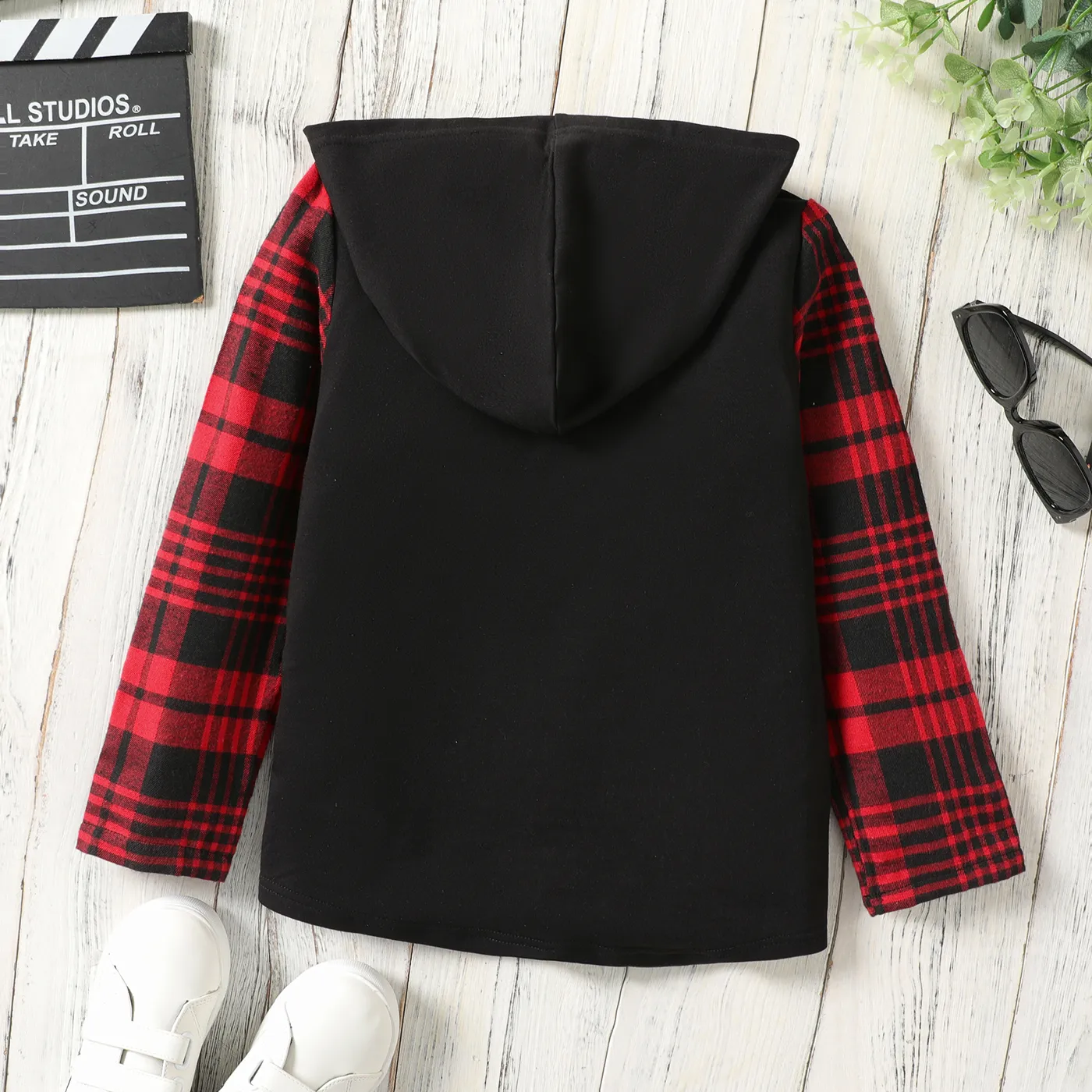 Kid Boy Plaid Panel Patch Pocket Long-sleeve Zip Up Hoodie  image 3