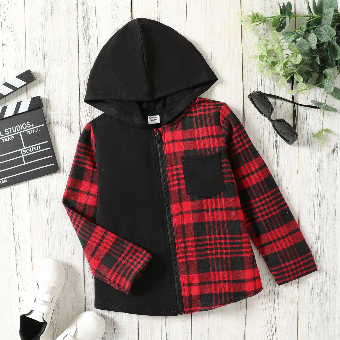 Kid Boy Plaid Panel Patch Pocket Long-sleeve Zip Up Hoodie  big image 1