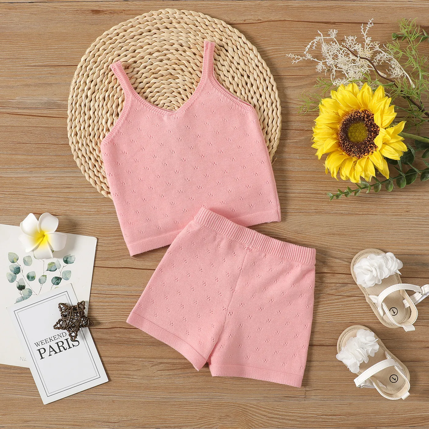 2pcs Baby Girl Pink Knitted Cami Top & Shorts Set  big image 1