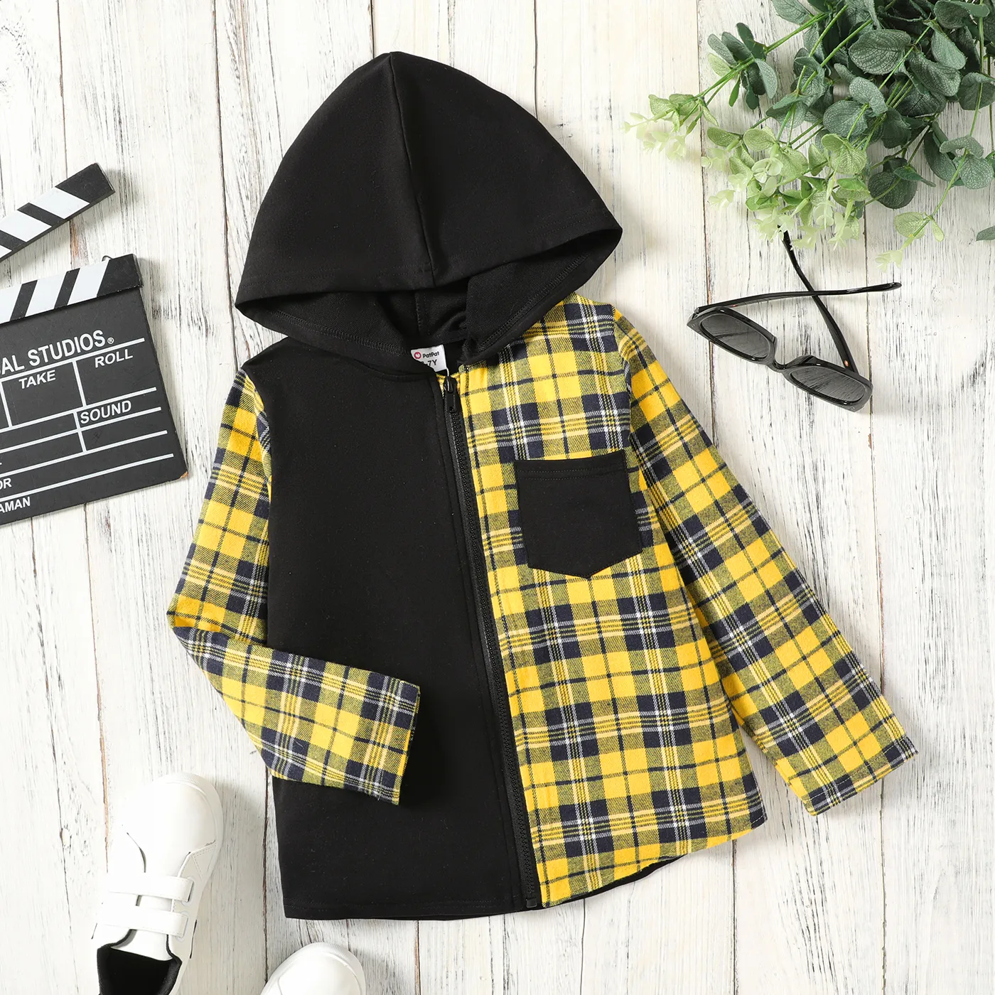 Kid Boy Plaid Panel Patch Pocket Long-sleeve Zip Up Hoodie Yellow