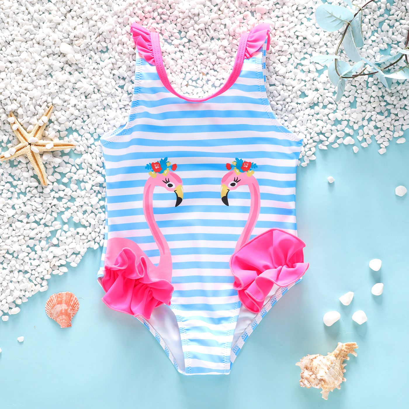 

Toddler Girl Flamingo Print Stripe Ruffled Onepiece Swimsuit
