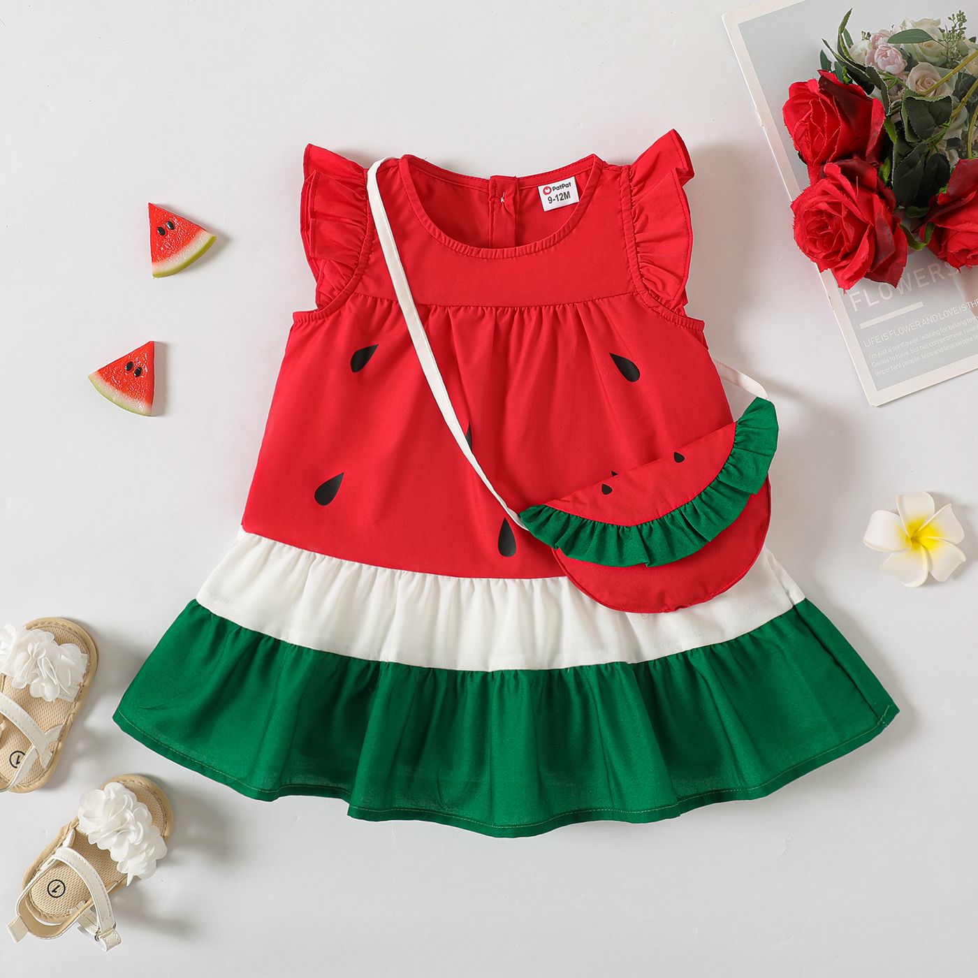 

2pcs Baby Girl Watermelon Design Colorblock Ruffle Hem Flutter-sleeve Dress and Crossbody Bag Set