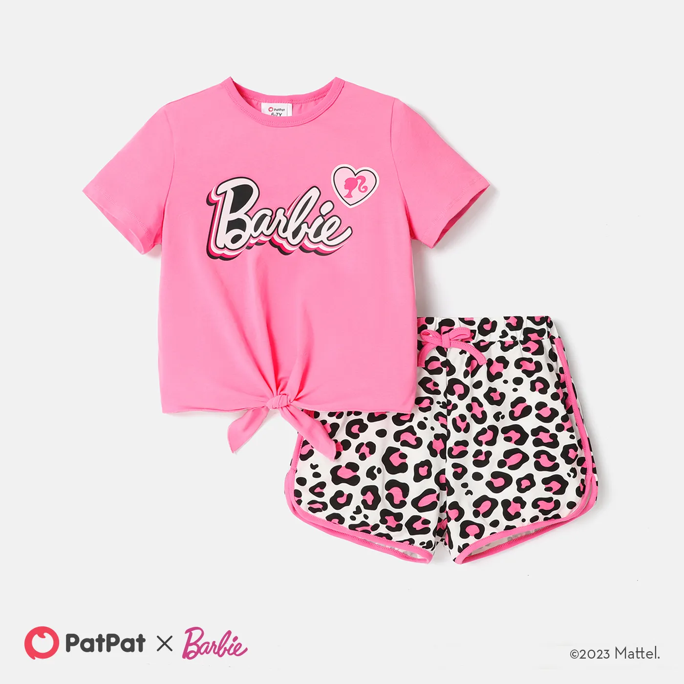Barbie Kid Girl 2pcs Tie Knot Short-sleeve Cotton Tee and Leopard Print Shorts Set Pink