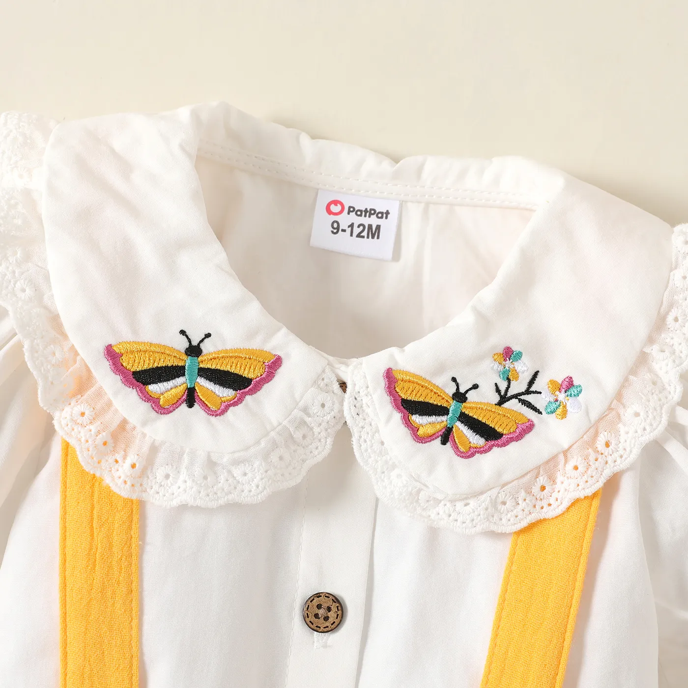 2pcs Baby Girl 100% Cotton Floral Embroidered Ruffle Collar Puff-sleeve Top and Solid Crepe Suspender Shorts Set  image 4