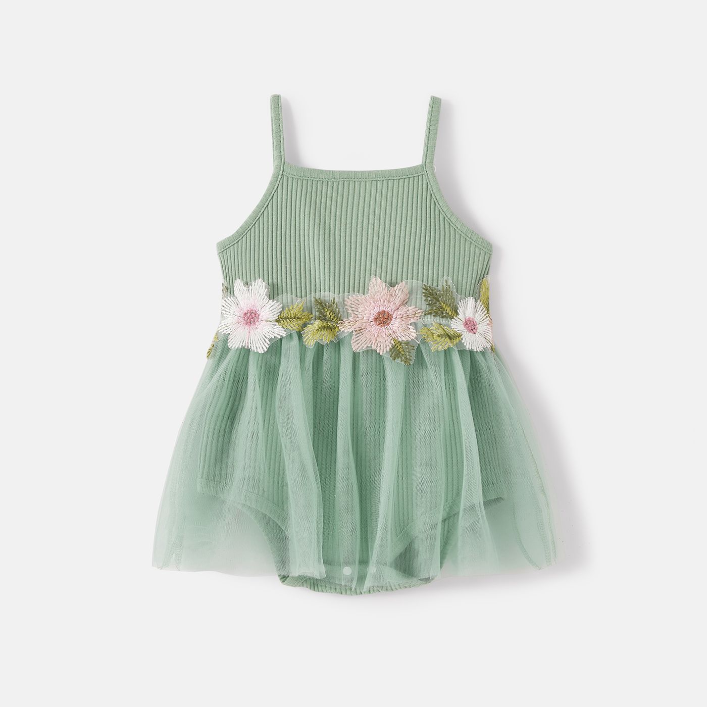 Mommy And Me Cotton Ribbed Floral Embroidered Cami Mesh Dresses