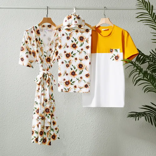 Family Matching Allover Sunflower Print Belted Robe and Swaddle Blanket or Cotton Colorblock Short-sleeve Tee Sets