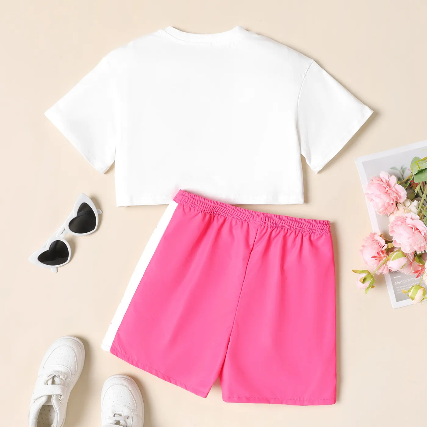 2pcs Kid Girl Letter Print Short-sleeve Tee and Drawstring Shorts Set  image 2