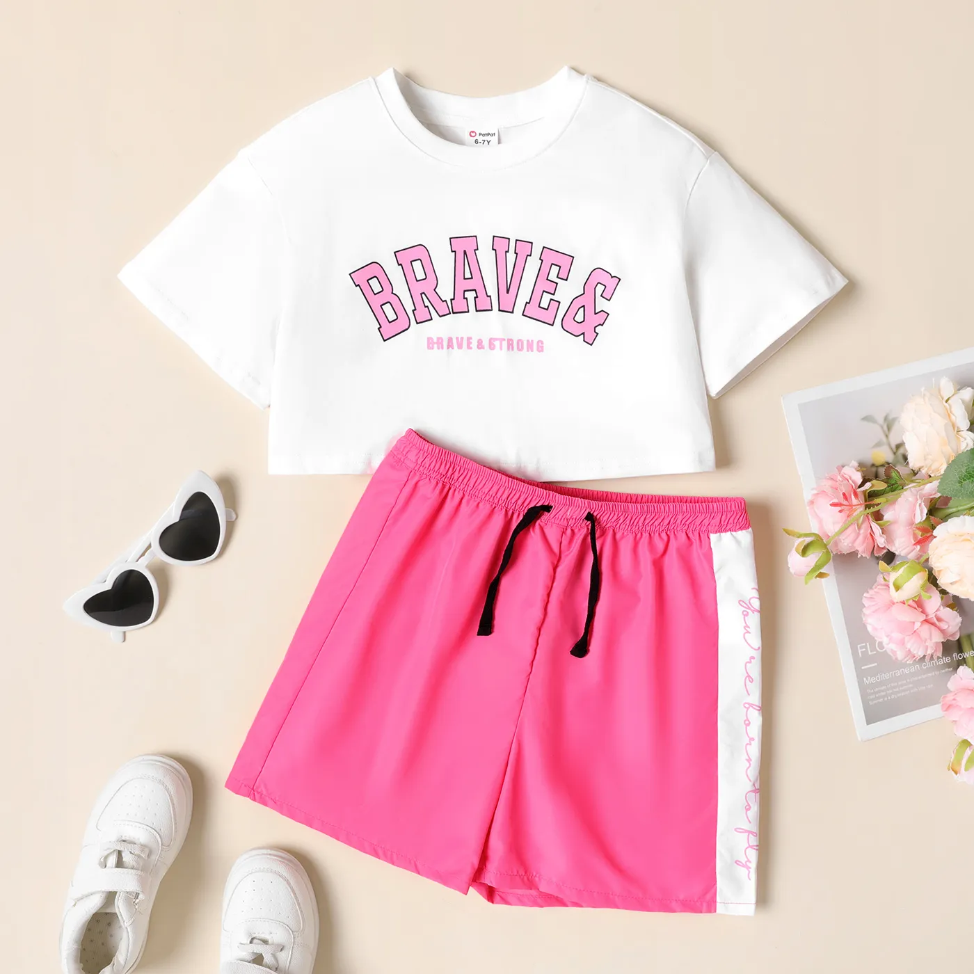 2pcs Kid Girl Letter Print Short-sleeve Tee and Drawstring Shorts Set  big image 1