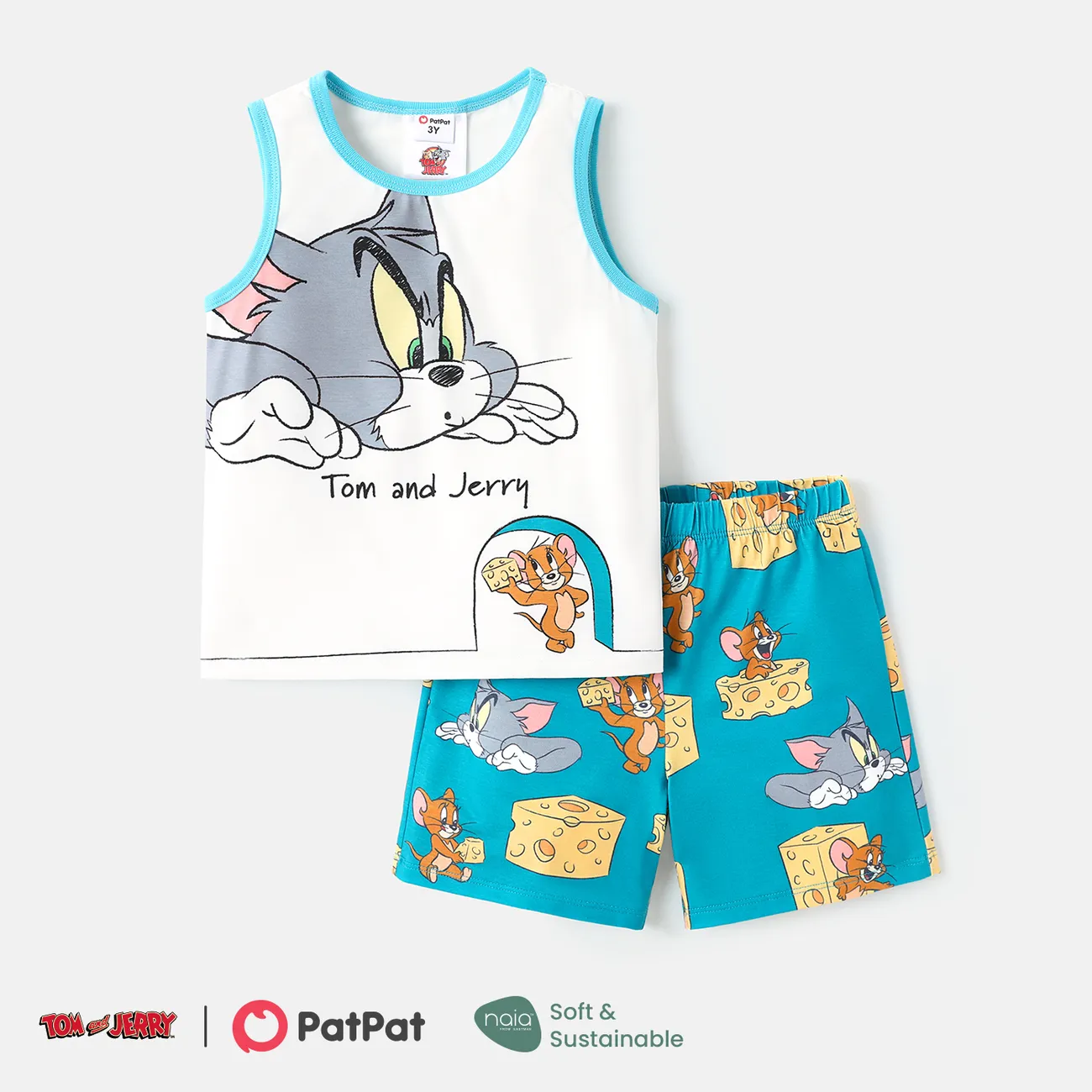 Tom and Jerry Toddler Girl/Boy 2pcs Letter Print Tank Top and Elasticized Shorts Set White big image 1