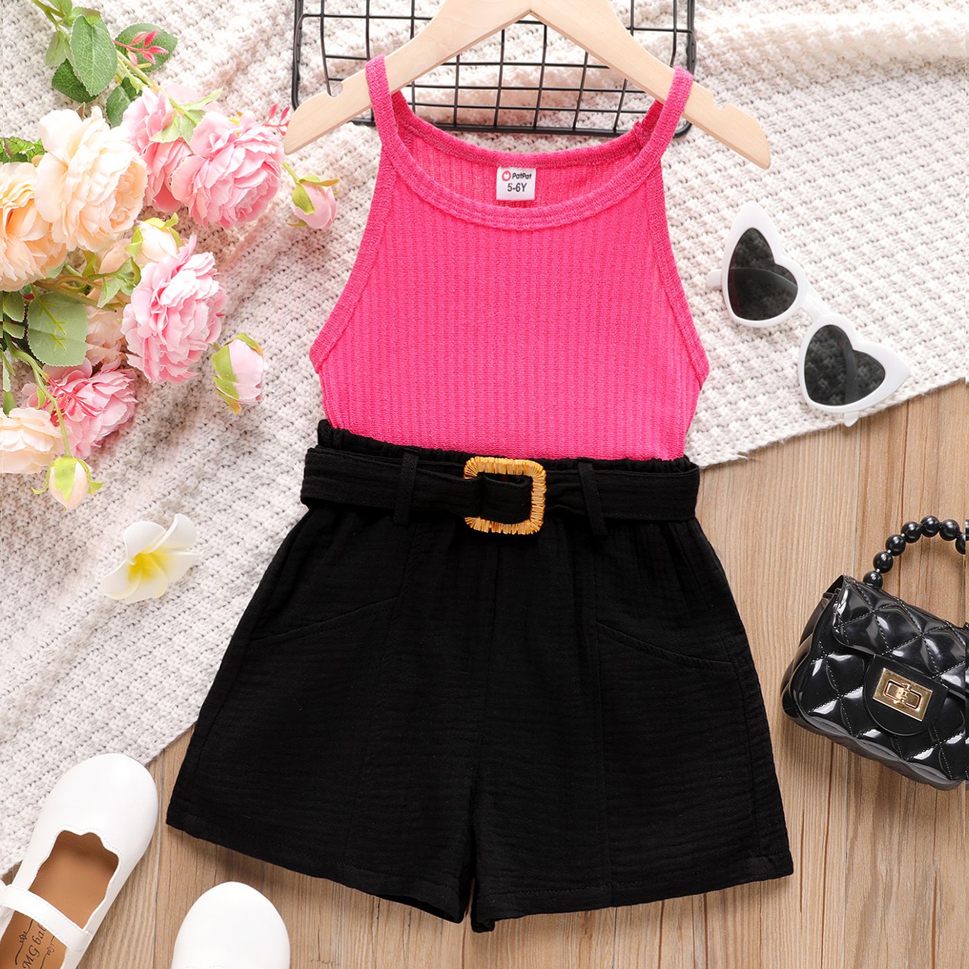 

Kid Girl Solid Color Ribbed Tank Top / Solid Belted Elasticized Shorts