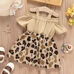 Baby Girl Cold Shoulder Short-sleeve Solid & Leopard Print Spliced Dress  image 2