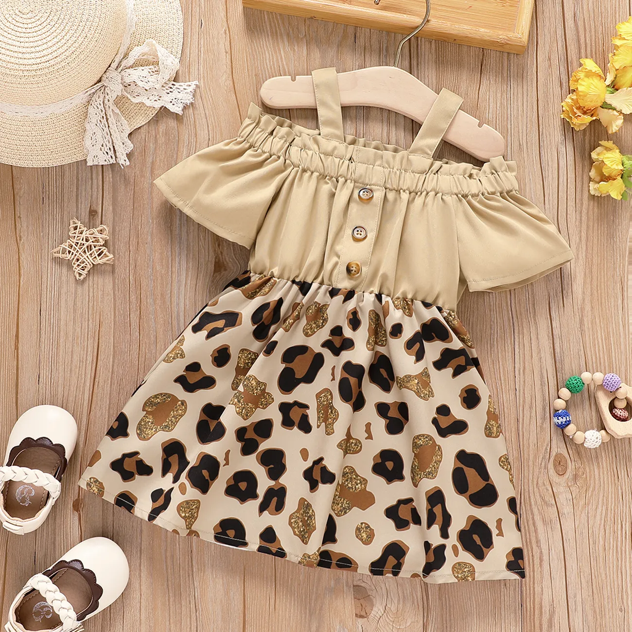 Baby Girl Cold Shoulder Short-sleeve Solid & Leopard Print Spliced Dress  big image 1