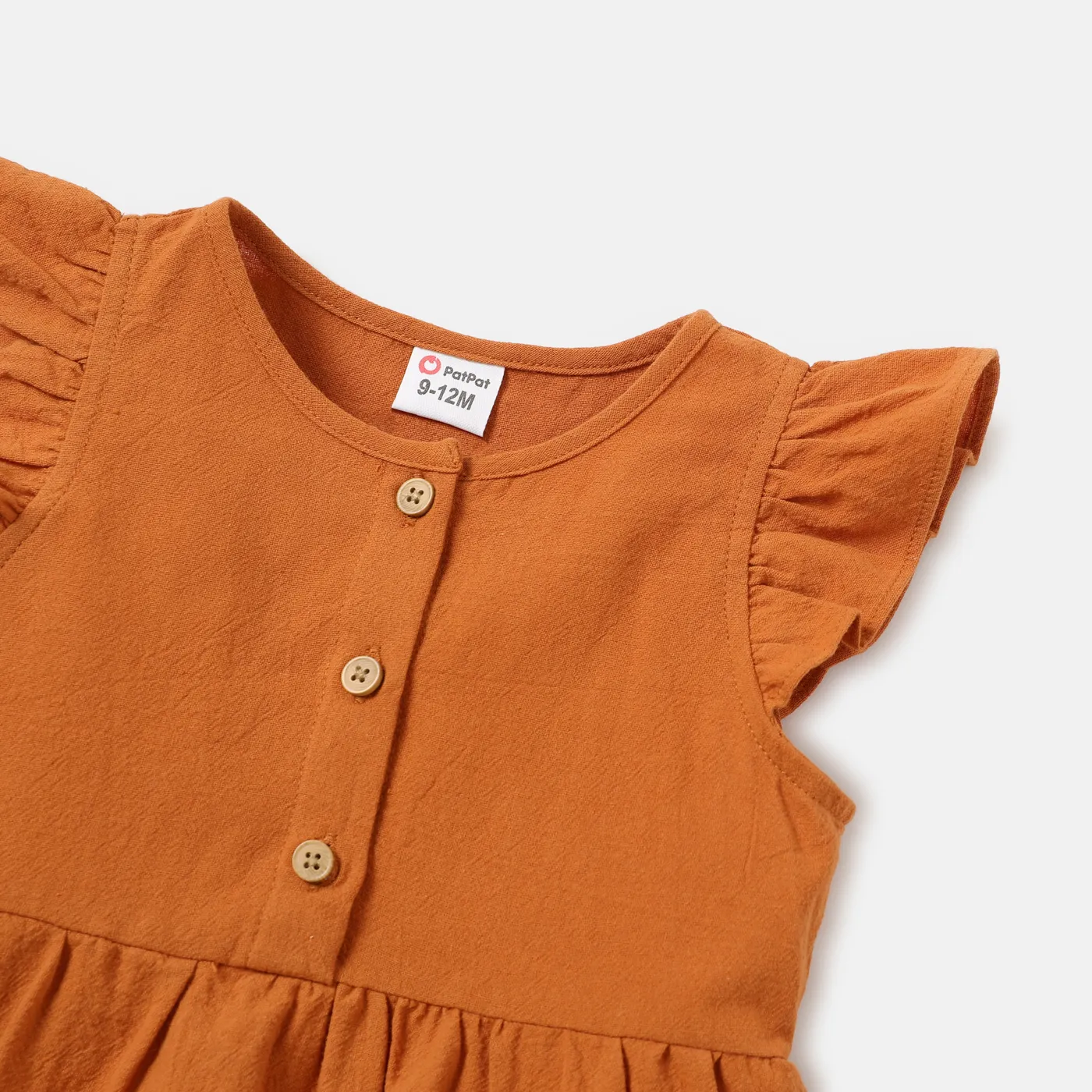 Baby/Toddler Girl 100% Cotton Solid Color Button Design Flutter-sleeve Dress YellowBrown image 2