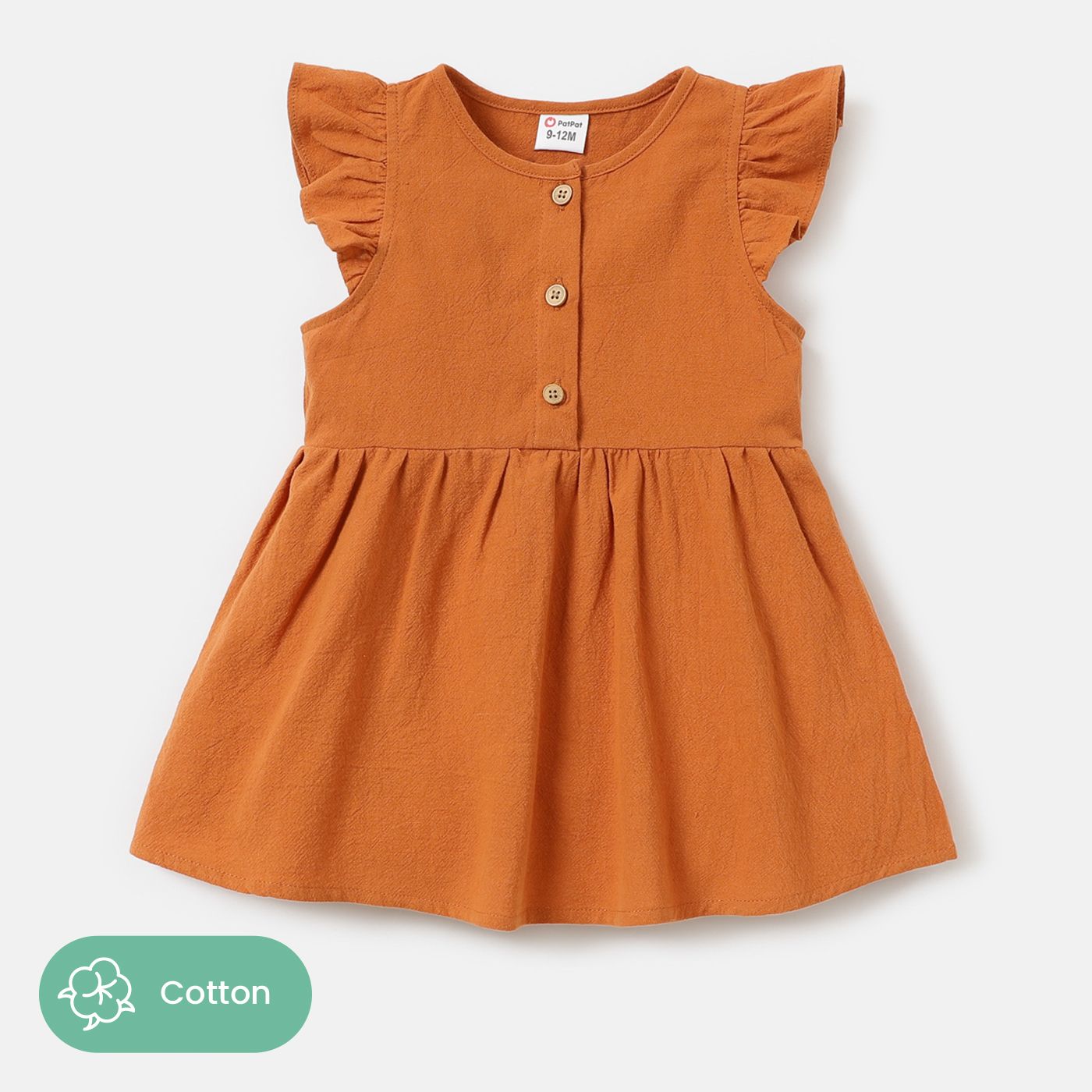 Baby/Toddler Girl 100% Cotton Solid Color Button Design Flutter-sleeve Dress