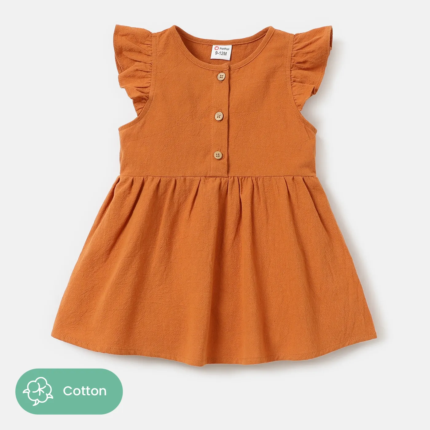 Baby/Toddler Girl 100% Cotton Solid Color Button Design Flutter-sleeve Dress YellowBrown big image 1