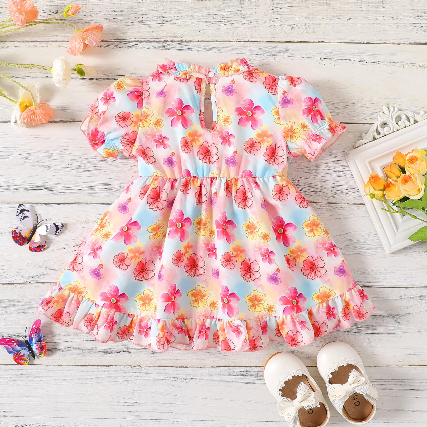 Baby Girl Allover Flower Print Frill Trim Puff-sleeve Dress Colorful image 2