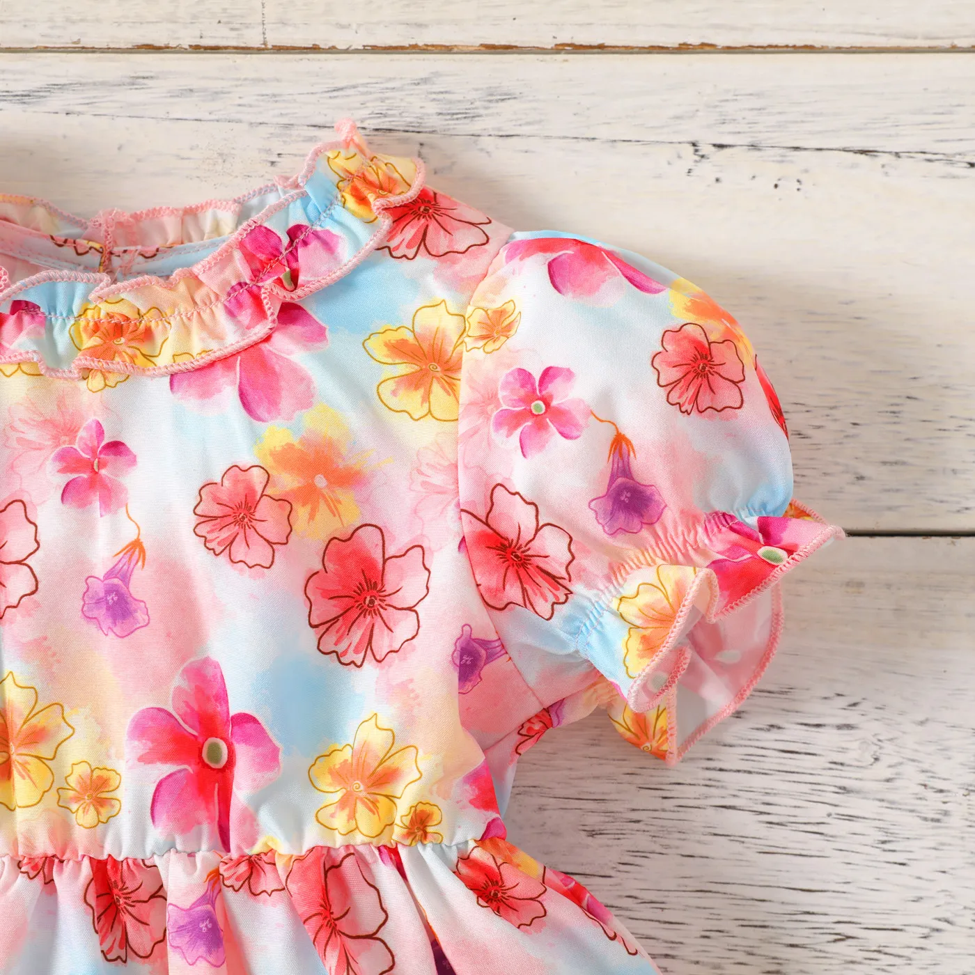Baby Girl Allover Flower Print Frill Trim Puff-sleeve Dress Colorful image 4