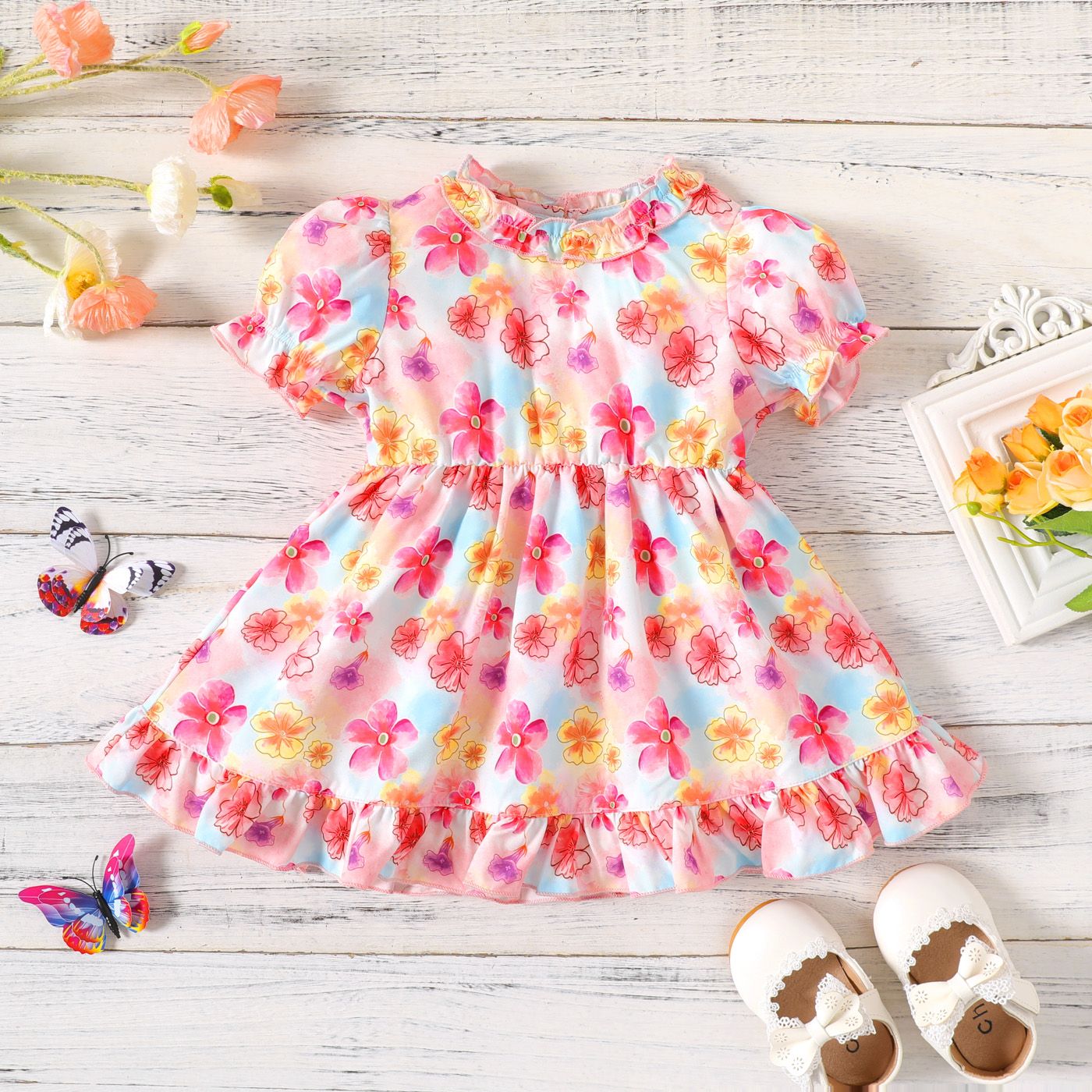 Baby Girl Allover Flower Print Frill Trim Puff-sleeve Dress
