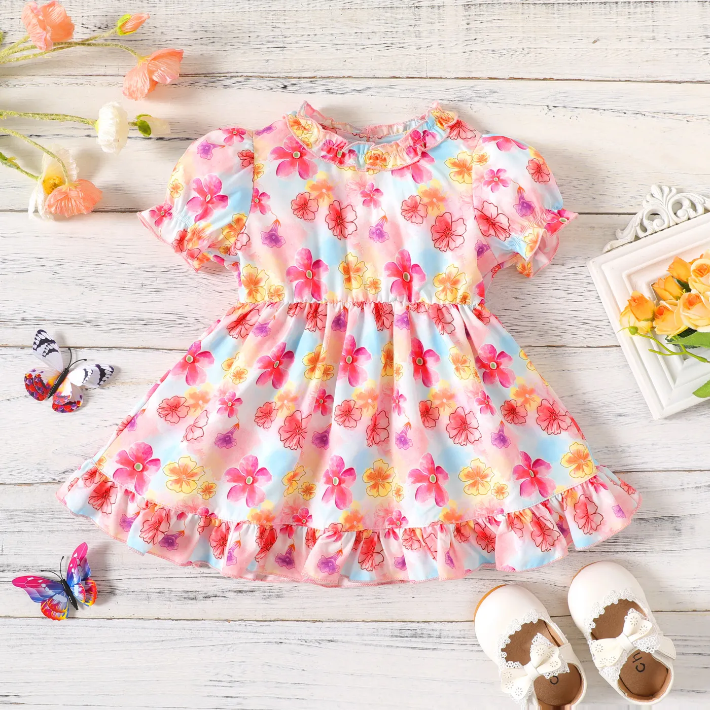 Baby Girl Allover Flower Print Frill Trim Puff-sleeve Dress Colorful big image 1