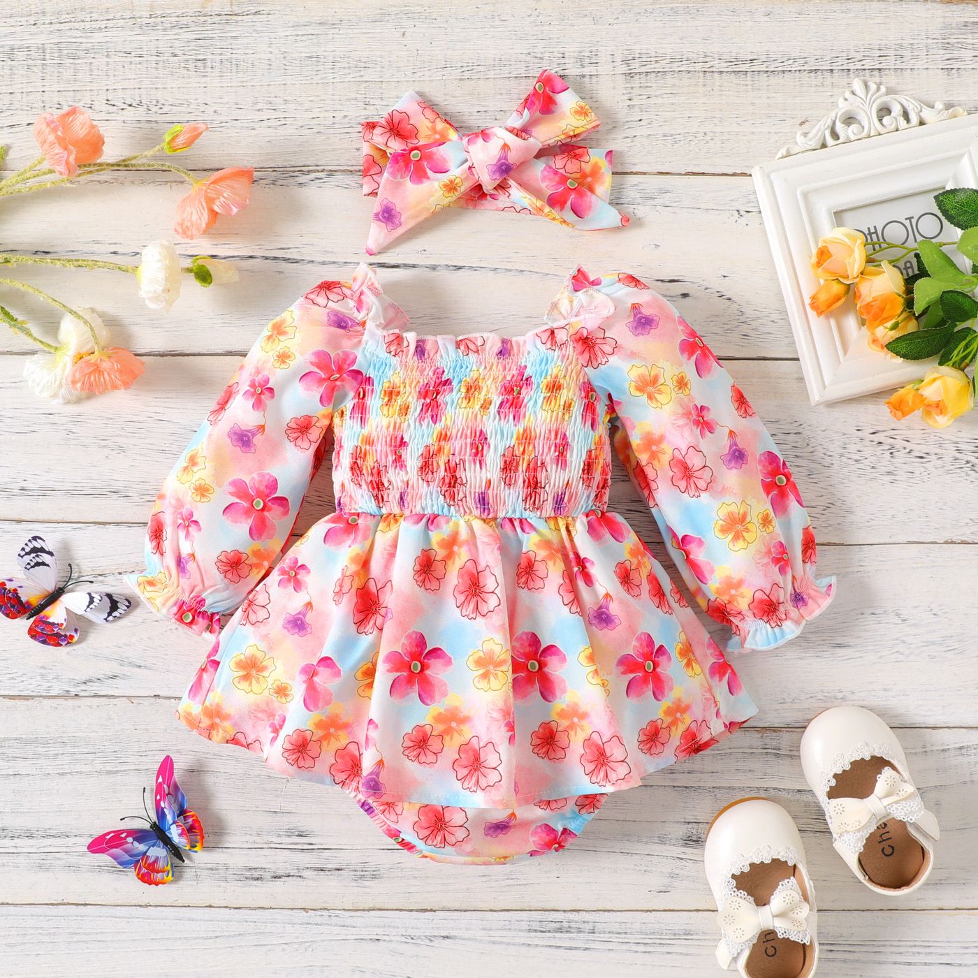 2pcs Baby Girl Allover Colorful Floral Print Long-sleeve Shirred Romper Dress & Headband Set