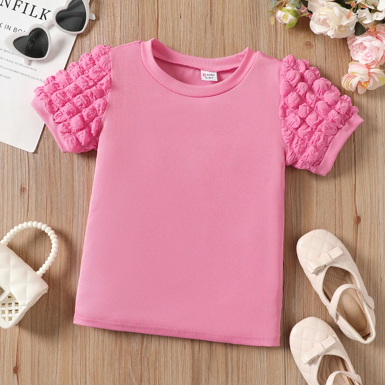 Kinder Mädchen Unifarben Kurzärmelig T-Shirts rosa big image 1