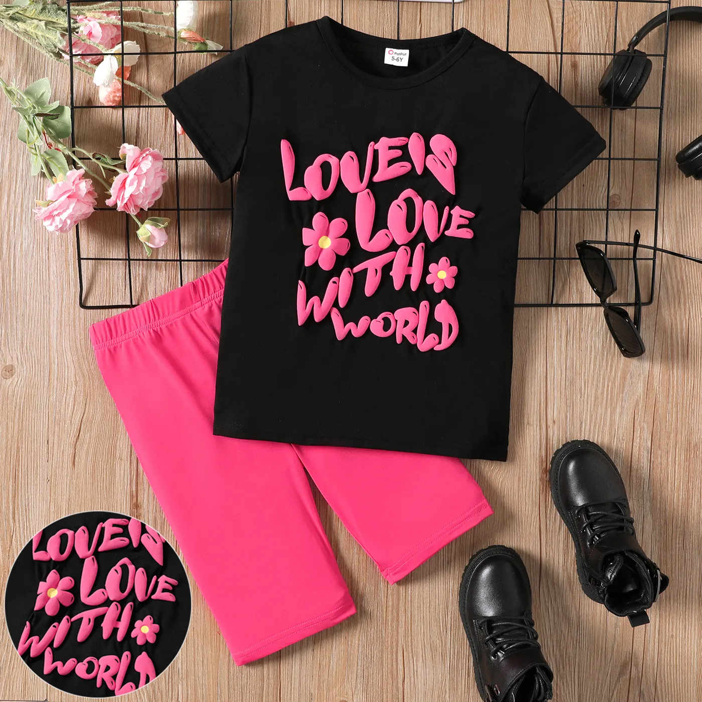 2pcs Kid Girl 3D Letter Graphic Short-sleeve Tee and Elasticized Shorts Set Black image 2