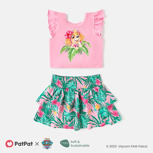 PAW Patrol 2pcs Toddler Girl Flutter-sleeve Bows Back Cotton Tee and Floral Print Layered Skirt Set