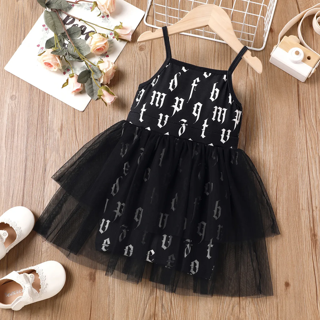 Toddler Girl Naia Letter Print Overlay Slip Dress Black big image 1