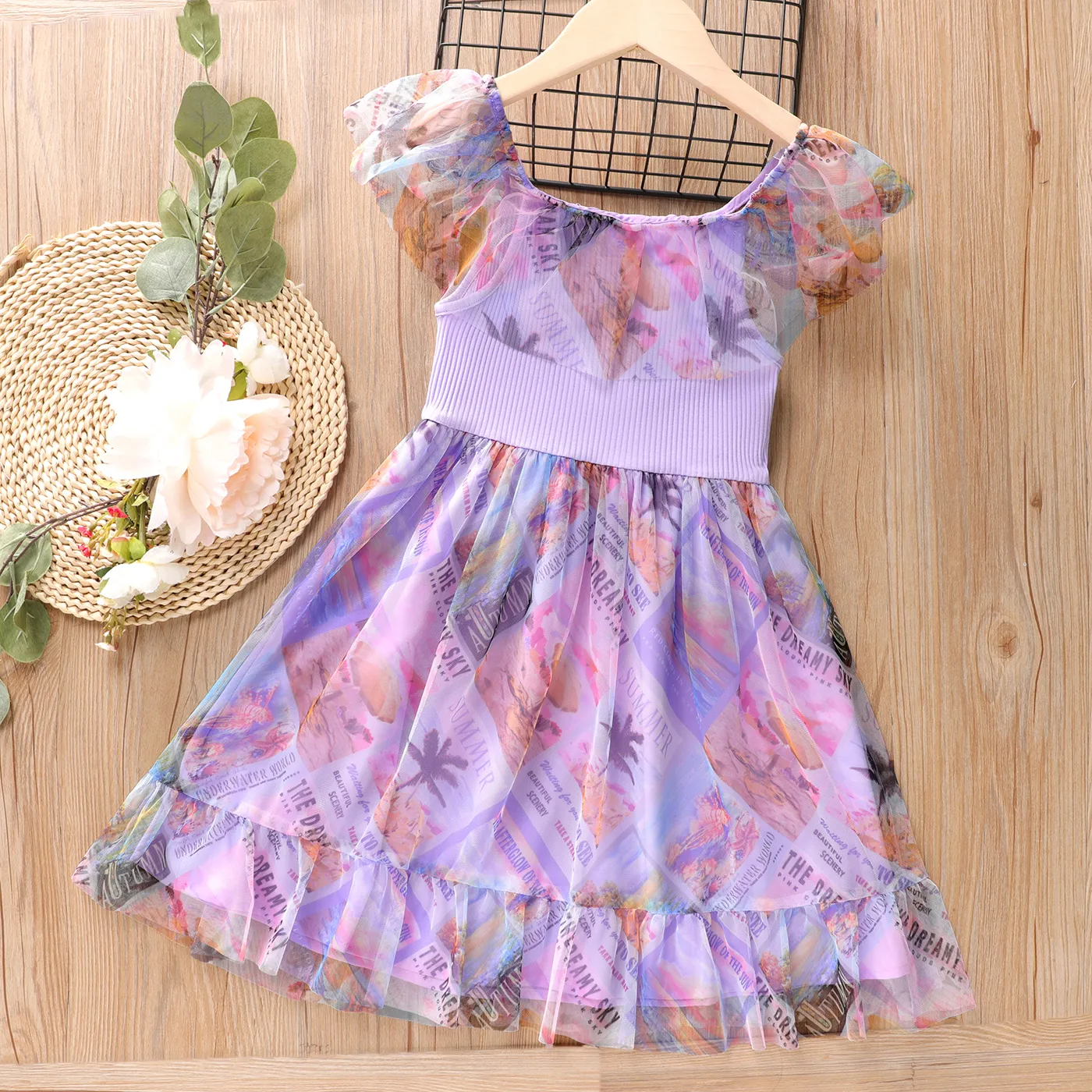 Kid Girl Summer Print Ribbed Panel Mesh Overlay Dress  image 2