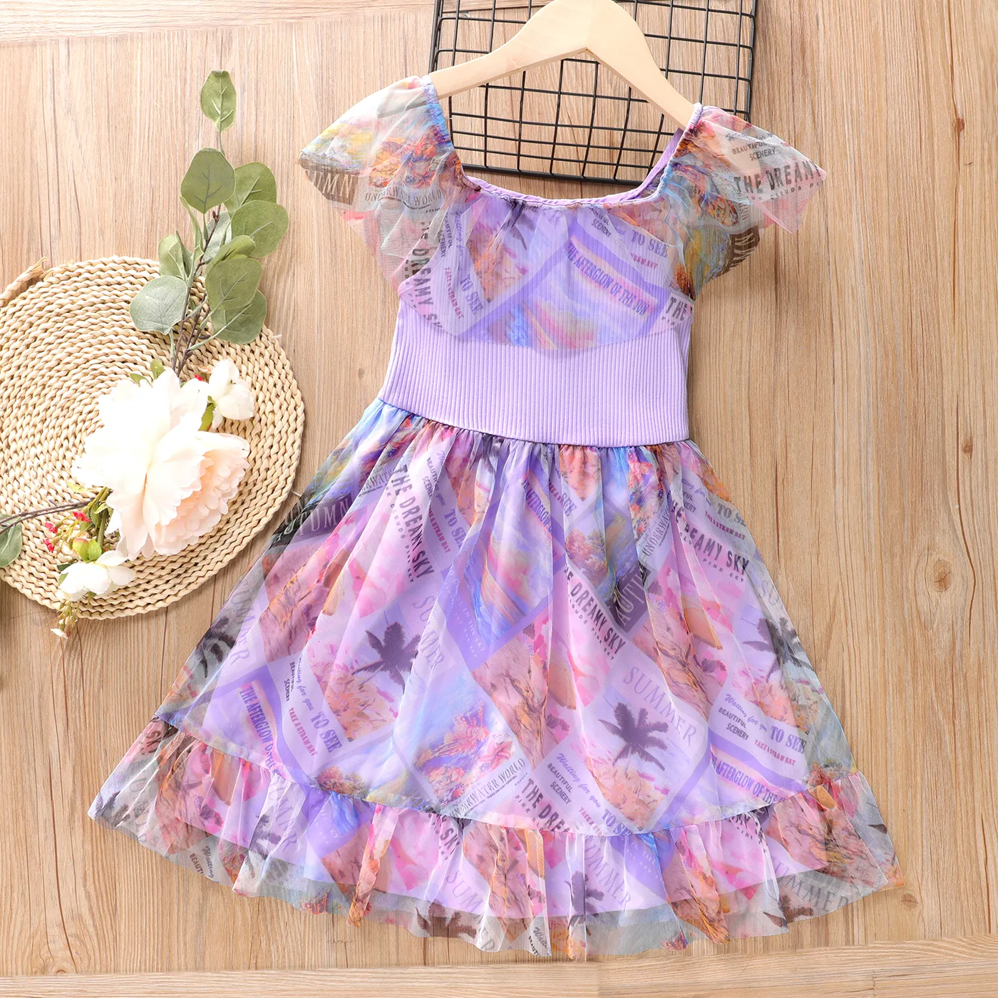 Kid Girl Summer Print Ribbed Panel Mesh Overlay Dress  big image 1