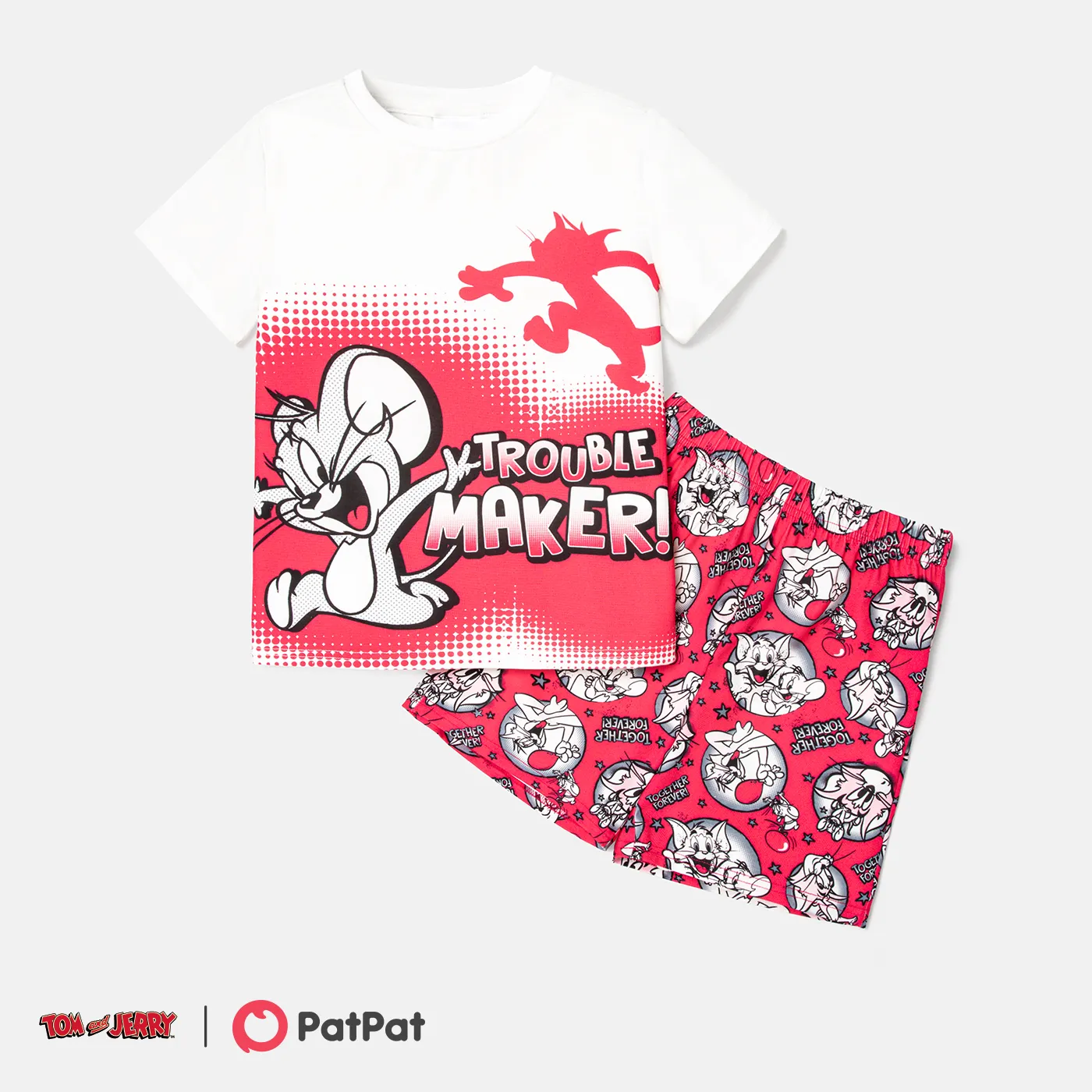 Tom and Jerry Toddler/Kid Girl/Boy Colorblock Short-sleeve Tee and Shorts Pajamas Set Red