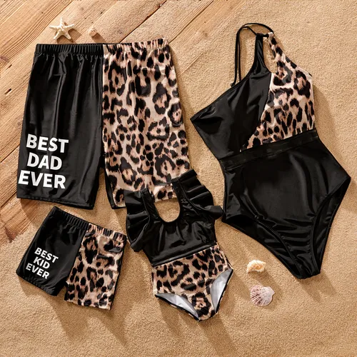 Family Matching Leopard & Black Spliced One Shoulder One-piece Swimsuit or Letter Graphic Swim Trunks Shorts