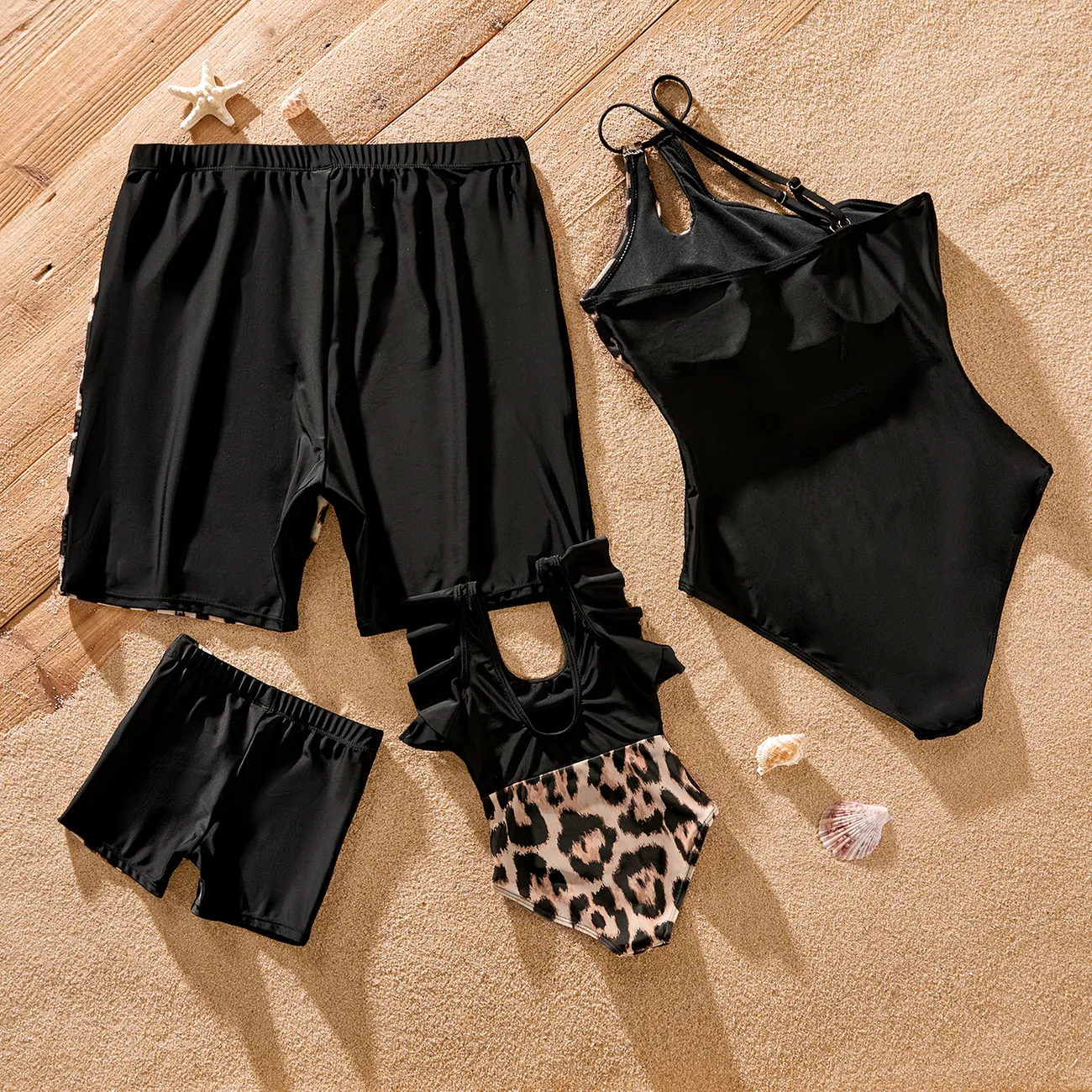 Family Matching Leopard & Black Spliced One Shoulder One-piece Swimsuit or Letter Graphic Swim Trunks Shorts Black big image 1