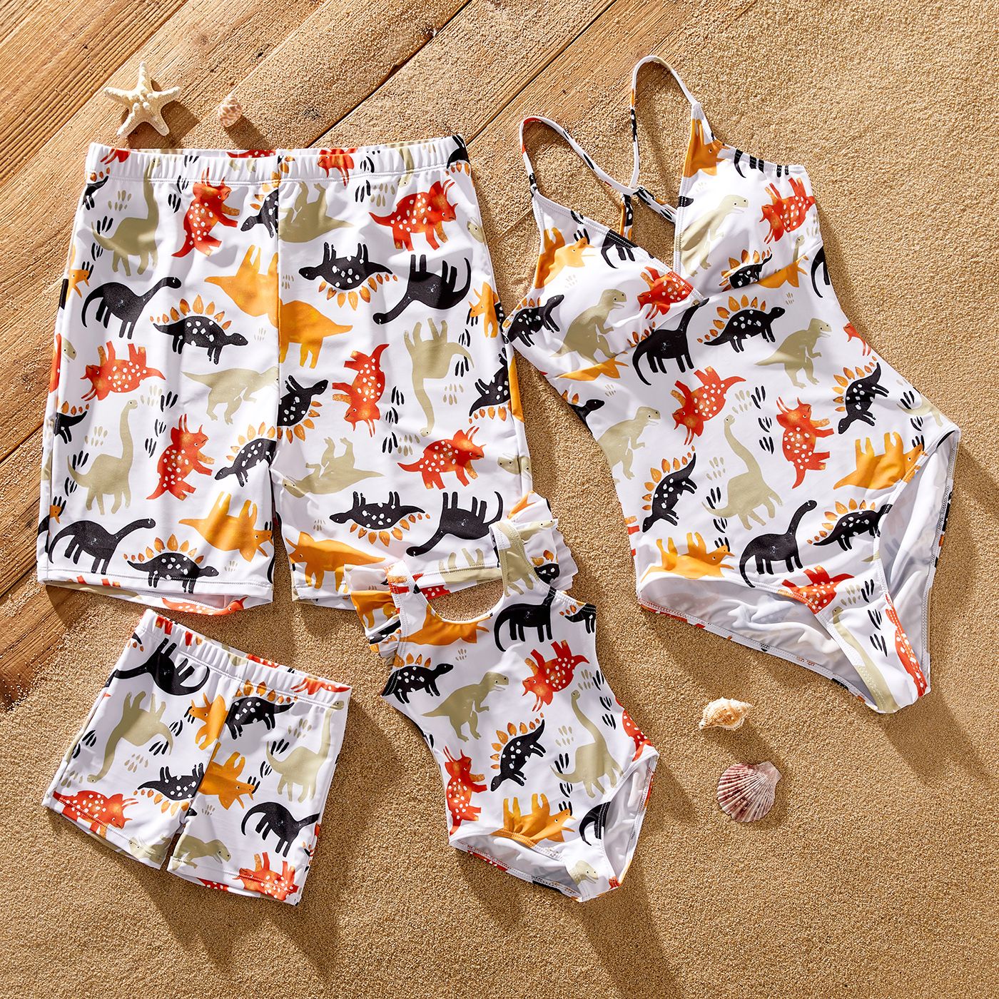 

Family Matching Allover Multicolor Dinosaur Print Strappy One-Piece Swimsuit and Swim Trunks Shorts