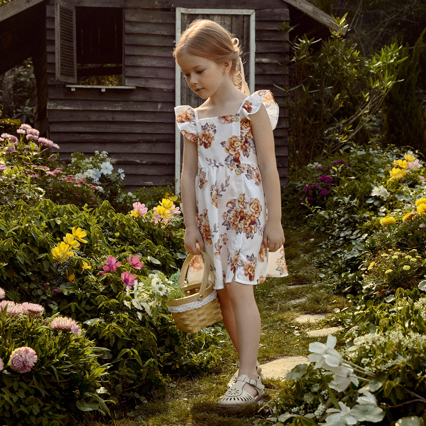 Toddler Girl Floral Print/100% Cotton Button Design Sleeveless Dress White image 3