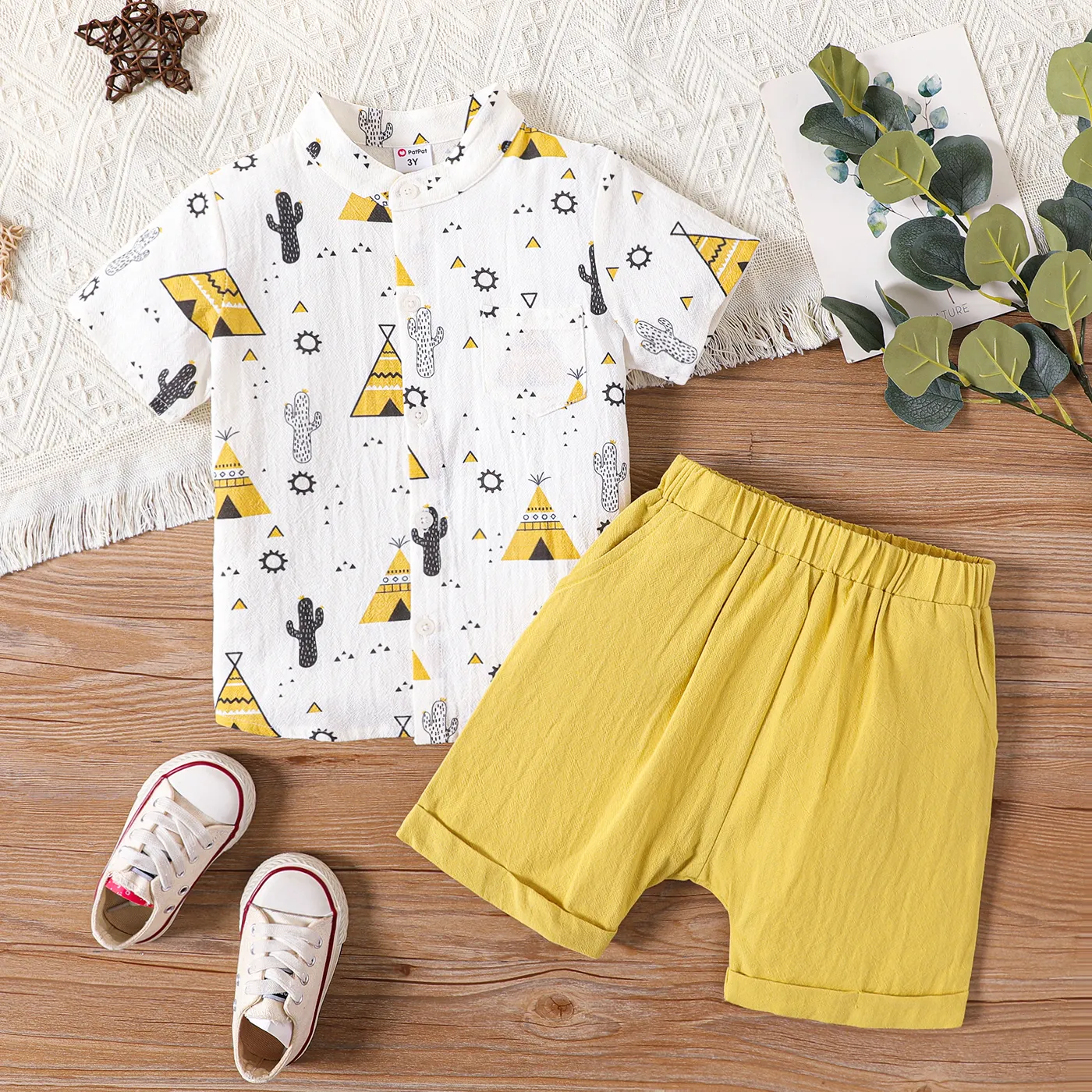 2pcs Toddler Boy 100% Cotton Allover Print Lapel Collar Shirt and Elasticized Shorts Set  big image 1