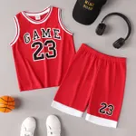 2Pcs Kid Boy Letter & Number Print Sports Tank Top and Shorts Set Red