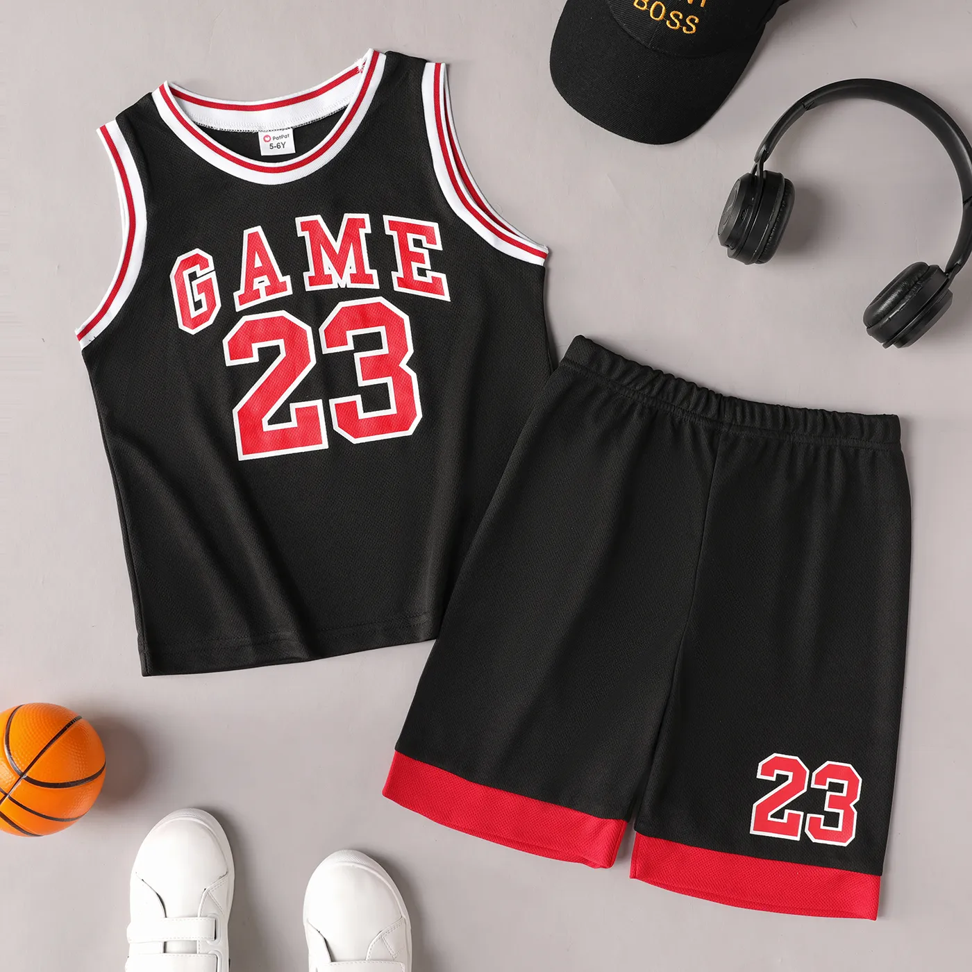 2Pcs Kid Boy Letter & Number Print Sports Tank Top and Shorts Set Black