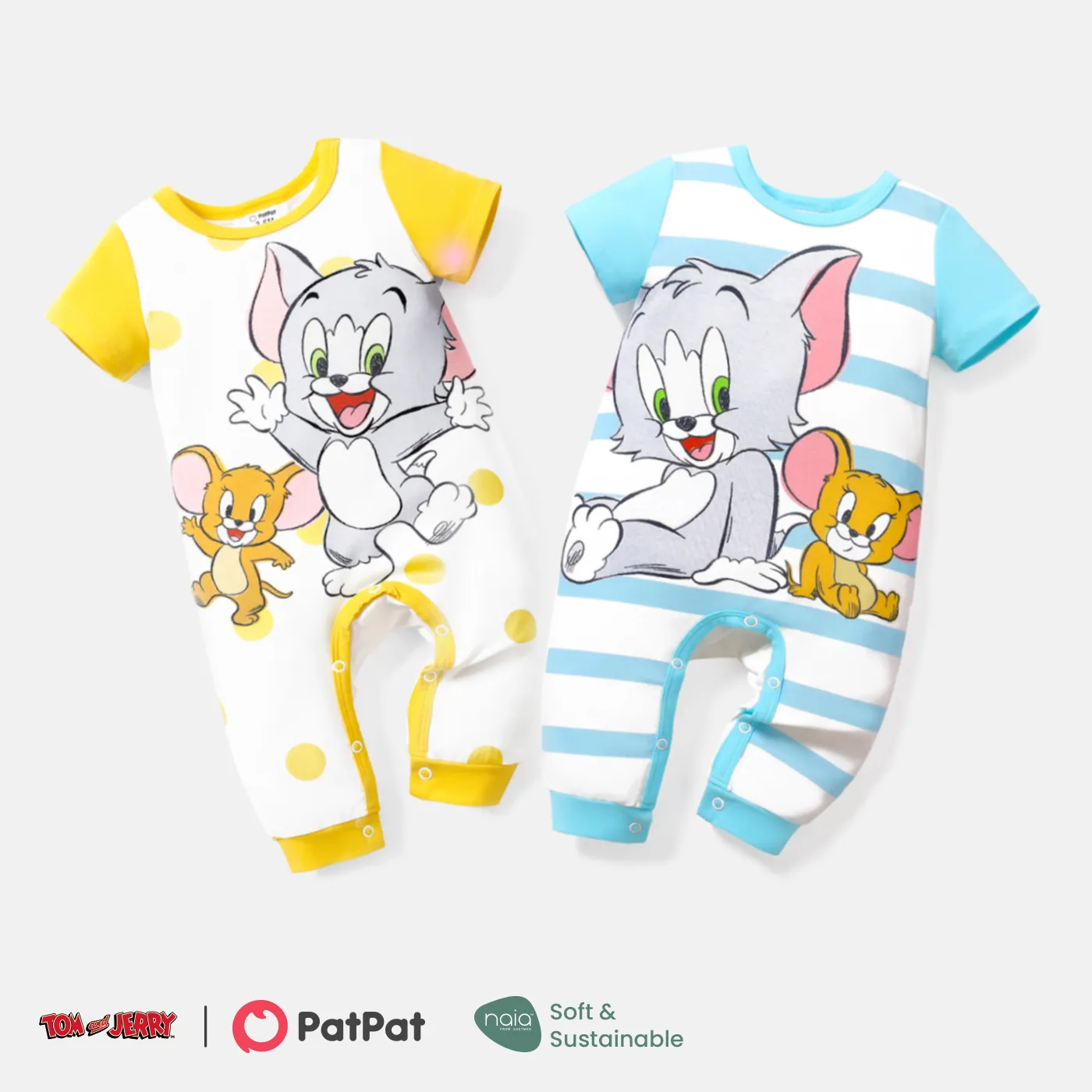 Tom and Jerry Baby Boy Short-sleeve Graphic Print Polka Dots or Striped Naia™ Jumpsuit