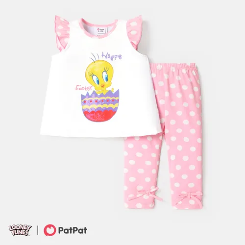 Looney Tunes 2pcs Baby Girl 95% Cotton Flutter-sleeve Graphic Tee and Polka Dot Print Pants Set