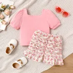 2pcs Toddler Girl Square Collar Short-sleeve Top and Floral Print Ruched Bodycon Skirt Set  image 2
