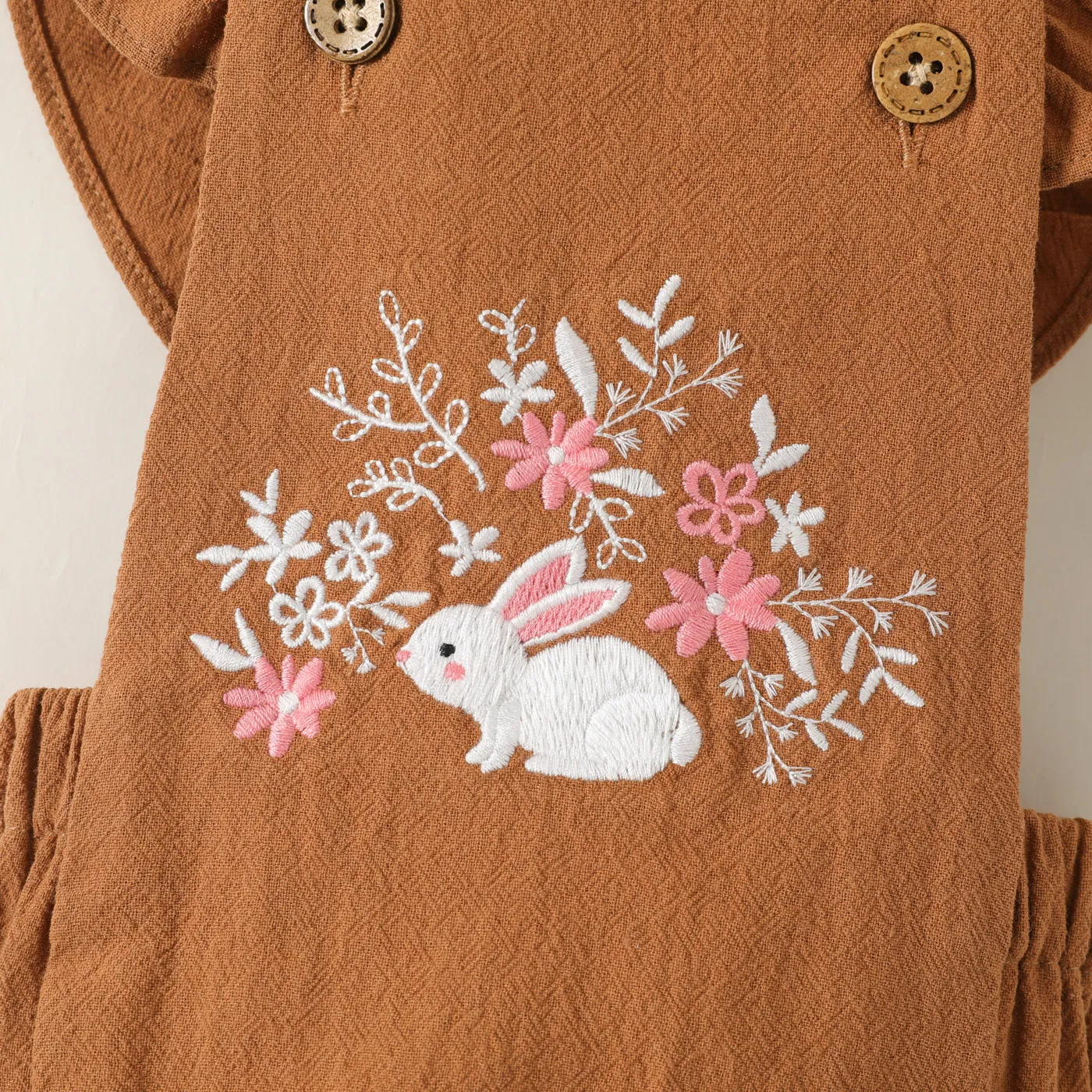 Baby Girl 100% Cotton Rabbit & Floral Embroidered Ruffle Trim Romper Khaki image 6